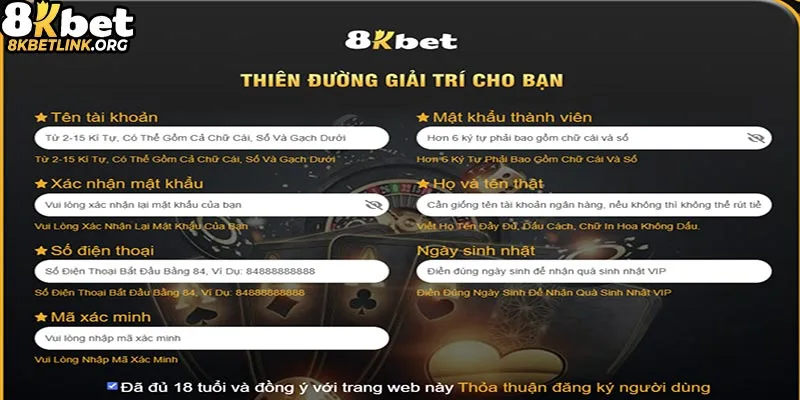 Giao diện đăng ký 8kbet